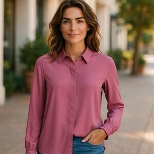 Kobi Halperin Mauve Size M Silk‎ Collared Blouse Ruched Cuff Career Work Wear